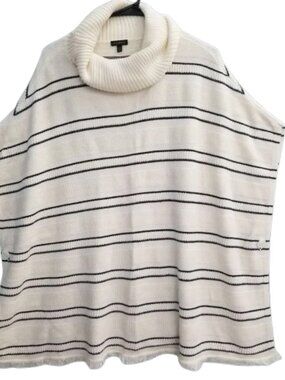 Talbots Sweater Shawl M/L Poncho Knit Cape Fringe Blue White